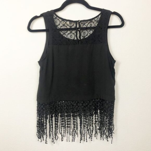 Monteau Black Cropped Tank Top Lace Back Fringe Hem Sleeveless Scoop Neck Size M - Picture 6 of 9